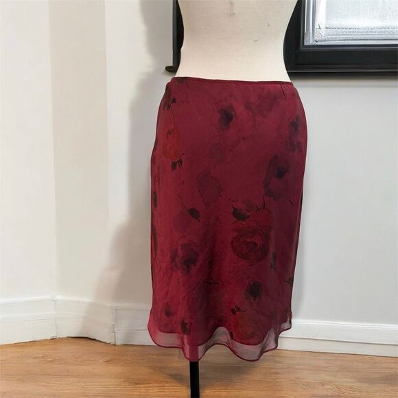 Laundry Y2K Red Black Floral Skirt Midi Ruffle Small Chiffon Lettuce 4 - Picture 3 of 7